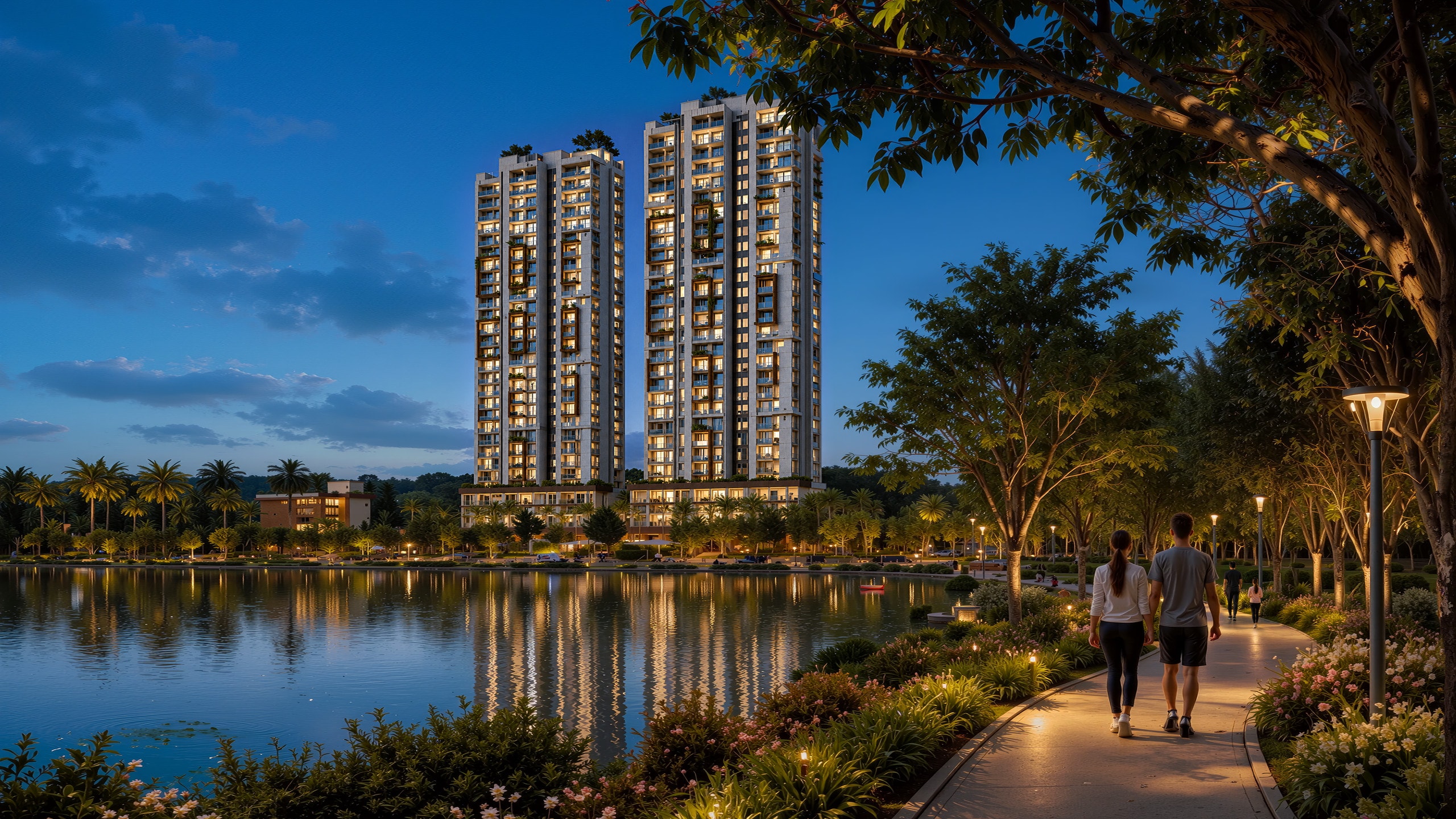 The twin towers of Sridira Lake Creek lit at dusk, reflected in Horamavu Lake